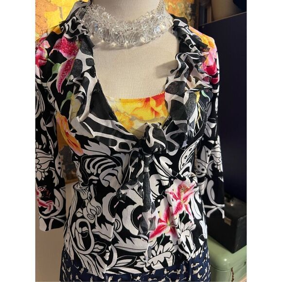 Vintage 80s Alberto Makali Women’s Medium Black Floral 2 Piece Outfit Set Blouse - Picture 1 of 12